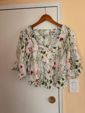 Rachel Zoe White Floral Peasant Blouse - Pink, Green & Yellow Accents